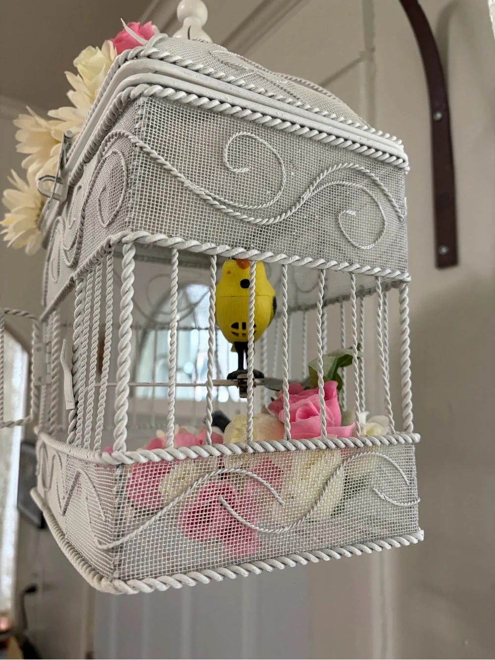 White Decorative Birdcage Accent with Floral and Yellow Bird
